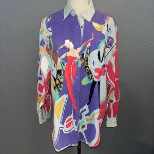 KOLORWAY Hand Painted Denim Button Down New Orleans Jazz Mardi Gras Shirt Top